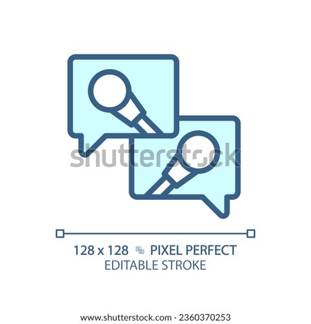 2D pixel perfect editable blue media interview icon, isolated vector, thin line illustration representing journalism.