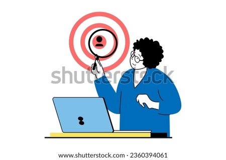 Target audience concept with people scene in flat web design. Woman with magnifier studying customers focus group for lead generation. Vector illustration for social media banner, marketing material.