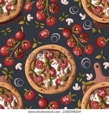 Seamless pattern with Pizza Margherita with tomatos and mozzarella. Italian cuisine, healthy food, cooking, restaurant menu, eating, recipes concept. Vector illustration Royalty-Free Stock Photo #2360398269