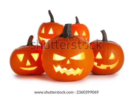 Five Halloween Pumpkins in a row isolated on white background