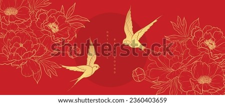 Luxury oriental japanese pattern background vector. Elegant swallow bird and peony flower golden line art on red background. Design illustration for decoration, wallpaper, poster, banner, card. Royalty-Free Stock Photo #2360403659