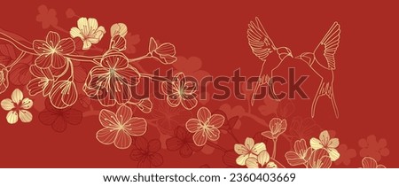 Luxury oriental japanese pattern background vector. Elegant swallow bird and peony flower golden line art on red background. Design illustration for decoration, wallpaper, poster, banner, card. Royalty-Free Stock Photo #2360403669