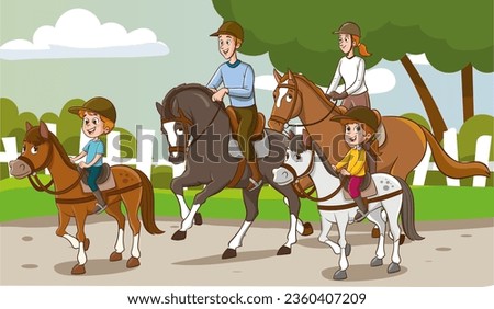 Family riding horse backs, walking on park. Horseback riders, parents and child horseriding together. Happy equestrians, mother, father and kid at stroll in nature. Flat vector illustration