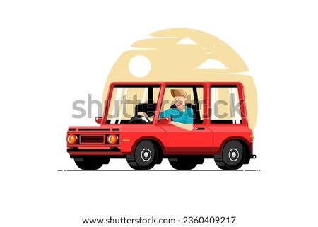 Cartoon man driving car to relaxing trip on nature background, Vector illustration.