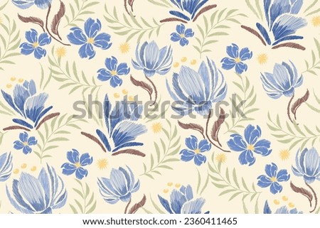 Floral pattern seamless.Pastel blue flowers Ikat design paisley embroidery with floral motifs. Ethnic pattern oriental traditional. Ikat pattern seamless vector illustration.  Royalty-Free Stock Photo #2360411465