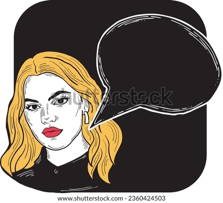 Beautiful young woman talk. Empty speech bubble for sale promotion, text background, quotes. Hand drawn illustration, cartoon comic style vector.