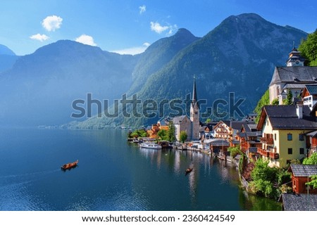 Hallstatt, Austria - beautiful view on the famous Austrian Alpine town. Royalty-Free Stock Photo #2360424549