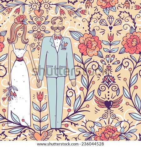 wedding vector floral seamless pattern with  pretty bride and groom