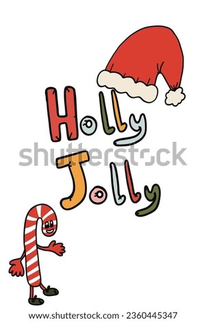 Holly Jolly vibes card Christmas candy and hat Royalty-Free Stock Photo #2360445347