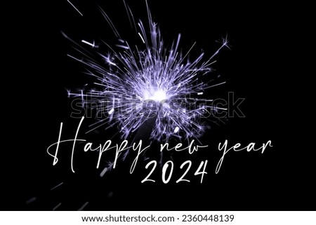Happy new year 2024 purple sparkler new years eve countdown. Luxury entertainment celebration turn of the year party time. Premium nightlife visual with glowing light sparks on dark background