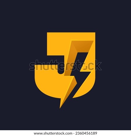 J letter logo with negative space lightning. Flash vector monogram. Electric bolt icon. Perfect type for energy labels, superhero t-shirt print, rock music posters, delivery art, electromobile adv. Royalty-Free Stock Photo #2360456189