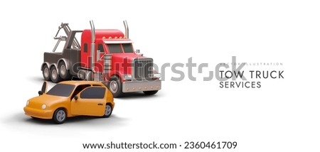 Advertisement of tow truck services on white background. Large realistic tow truck, car with open doors. Transportation of broken car to service point. Commercial concept Royalty-Free Stock Photo #2360461709
