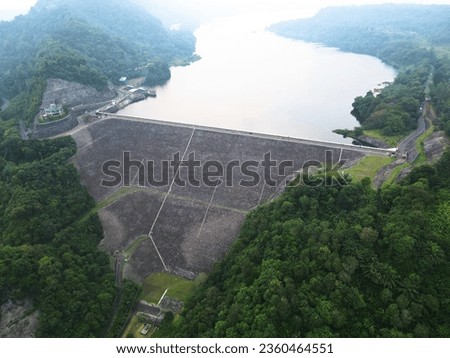 Cirata dam, Purwakarta district, Indonesia, from drone aerial photography in 2023 