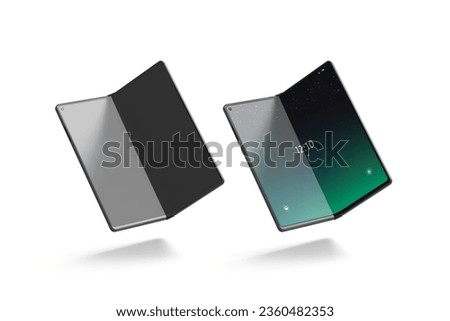 Turned on off flexible book phone display half folded mockup, 3d rendering. Empty curved flexibility smartphone device mock up, isolated. Clear flip clamshell touchscreen with interface template.