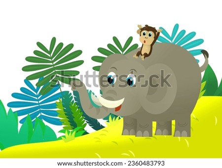 Cartoon wild animal happy young elephant with other animal friend in the jungle isolated illustration for kids