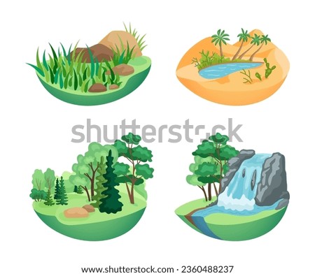 Models of natural landscapes vector illustrations set. Collection of cartoon drawings of grass and stones, oasis in desert, forest with trees, waterfall. Nature, ecology, ecosystem concept Royalty-Free Stock Photo #2360488237