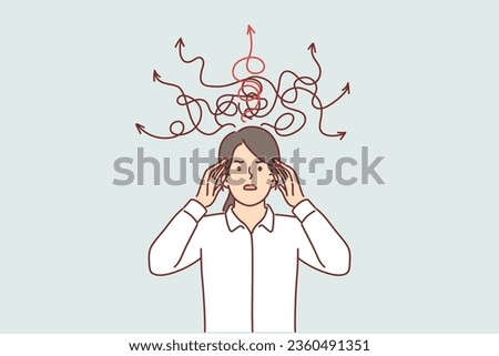 Confused woman with wad of arrows above head, feeling chaotic in thoughts and trying to make difficult decision. Confused girl needs help of psychologist to choose right path for personal development Royalty-Free Stock Photo #2360491351