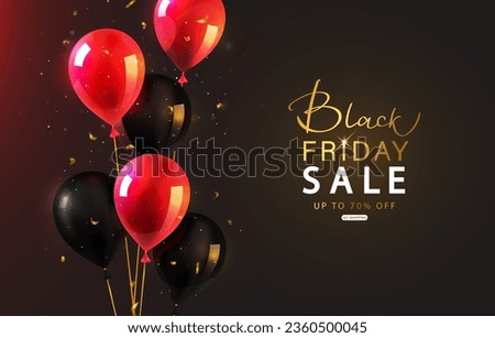 Black Friday Sale banner with beautiful black and red balloons and golden flying serpentine.Creative glowing design.Vector illustration