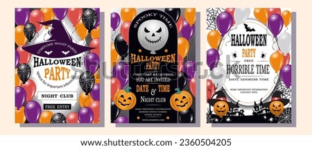 Happy Halloween party poster or flyer set. Drawing placards with evil pumpkin, spider web and balloons. Invitation cover template. October 31 holiday evening promotional artwork. Vector illustration 