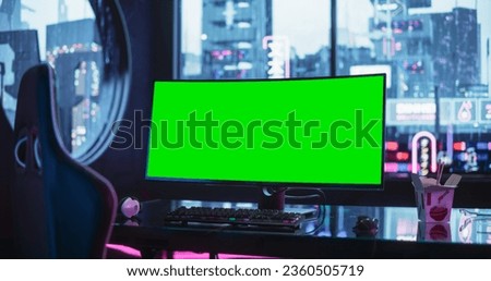 Empty Futuristic Cyberpunk Room with Neon Lights with a Professional Gaming Station. Ultra Wide Curved Monitor with Green Screen Mock Up Display Standing on a Stylish Glass Table