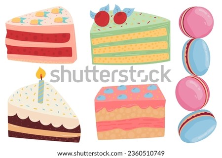 Cake. A piece of cake with a candle. Cake set isolated on white background. For your design.