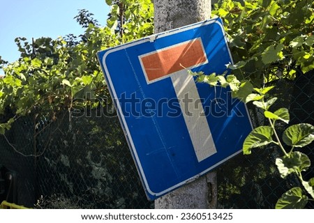 Dead  end road sign on a concrete pole surrounded by foliage on a sunny day seeen up close