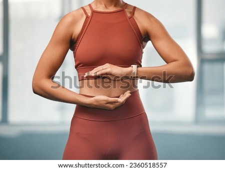 Fitness, woman and hands in spiritual tai chi training, exercise or yoga for healthy mind and body at the gym. Female holding ball of energy in practice for healing, chakra or balance for wellness Royalty-Free Stock Photo #2360518557