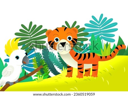 cartoon scene with happy tropical cat tiger in the jungle isolated illustration for kids