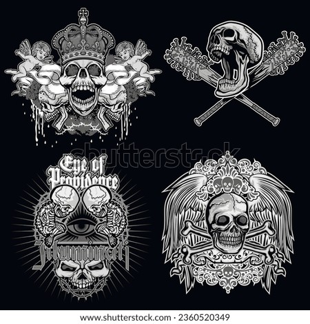 set gothic sign with skull, grunge vintage design t shirts
