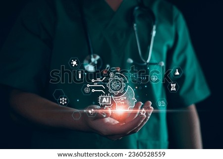 Medical technology, doctor use AI robots for diagnosis, care, and increasing accuracy patient treatment in future. Medical research and development innovation technology to improve patient health. Royalty-Free Stock Photo #2360528559