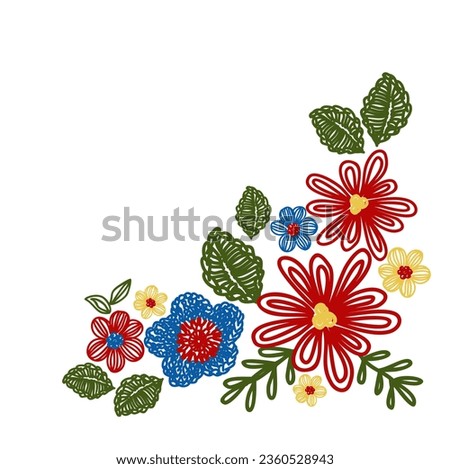 outline vector illustration of bouquet of embroidered flowers and leaves in red blue yellow and green colors white background Royalty-Free Stock Photo #2360528943