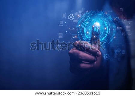Businessmen working on laptops tap digital graphic icons AI online New business ideas in the 21 th century digital era Royalty-Free Stock Photo #2360531613