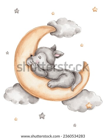Watercolor cute wolf on yellow moon