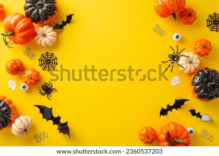 Join excitement of eerie Halloween night. Overhead view picture capturing pumpkins, spiders, bats, ghosts and Halloween decorations on a yellow isolated surface. Great for advertising or text use