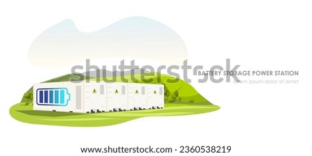 Battery storage power station. Electric energy grid, renewable clean power. Solar panel, eco system. Modern technology. Smart powerhouse. Rechargeable generator. Vector illustration Royalty-Free Stock Photo #2360538219