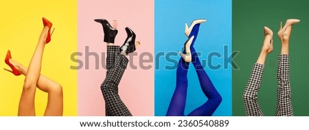 Collage made with female legs in different shoes and clothes on multicolored background. Colorful photography. Concept of fashion, creativity, imagination. Copy space for ad