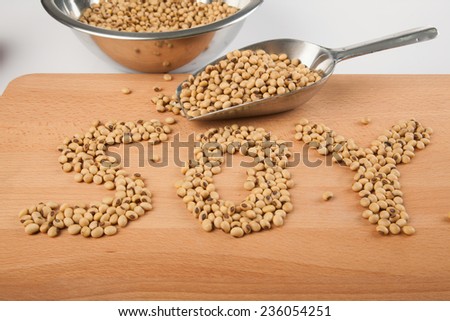 Soybean in shape of soy word with transfer scoop on wood background