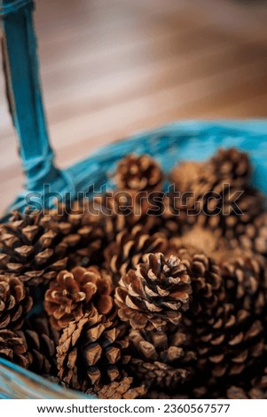 beautiful blue basket with pine cones on wooden table, very decorative and used in autumn, winter and Christmas Royalty-Free Stock Photo #2360567577