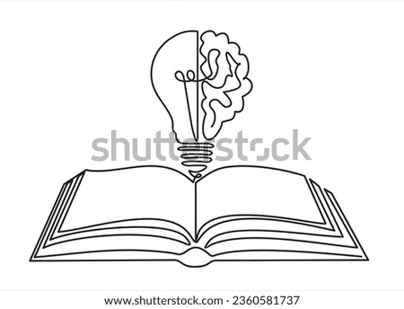 One single line drawing of shining light bulb with human brain above open text book logo identity. continuous line draw design graphic vector illustration