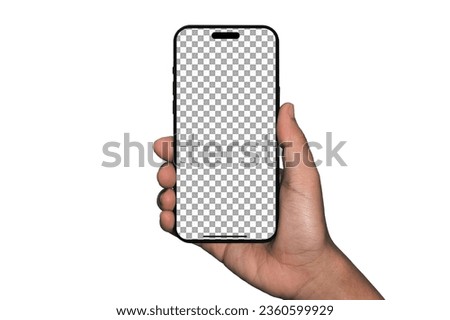 Smartphone similar to iphone 15 with blank white screen for Infographic Global Business Marketing Plan, mockup model similar to Phone isolated Background of digital investment economy - Clipping Path Royalty-Free Stock Photo #2360599929