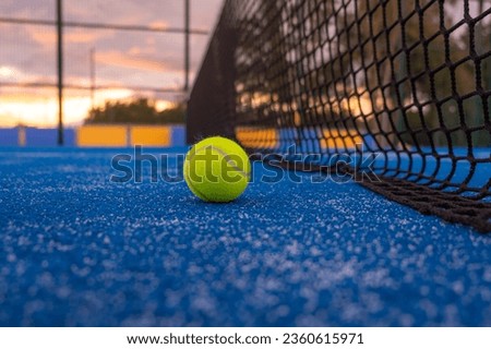paddle tennis ball near the net on a blue paddle tennis court at sunset Royalty-Free Stock Photo #2360615971