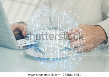 Man with computer background with brain theme hologram. Concept of brainstorm. Double exposure.