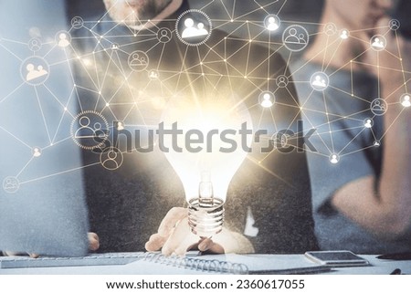 Media network theme hologram with man working on computer on background. Concept of internet communication. Double exposure.