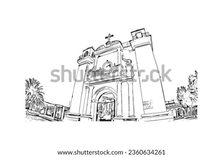 Building view with landmark of  San Cristobal de las Casas is the 
town in Mexico. Hand drawn sketch illustration in vector.