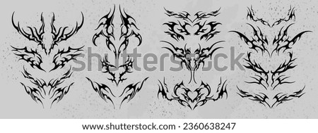 Neo tribal tattoo set, vector Celtic gothic cyber body ornament shapes kit, abstract Hawaiian sign. Maori sleeve symbol y2k Polynesian metal abstract symmetry swirl wing. Neo tribal silhouette clipart Royalty-Free Stock Photo #2360638247