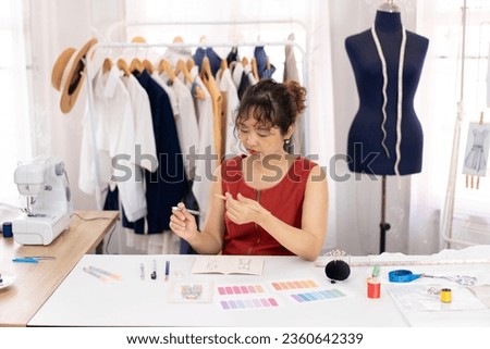 professional dressmaker design clothing new collection, female freelance tailor working at home dress shop small business owner, young woman fashion stylist designer drawing pattern as hobby activity