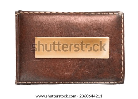 Leather brown card holder with blank metallic name plate isolated over white
