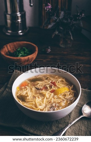 Homemade Noodle Soup with Duck Meat and Vegetables in Bowl
