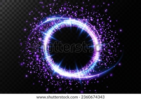Magic fantasy portal. Round light frame, with small particles of dust, futuristic teleport. Blue, purple, neon lights illuminate the night scene with sparkles on a transparent background. Light effect Royalty-Free Stock Photo #2360674343