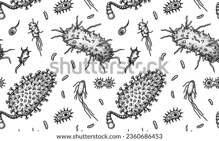A black and white pattern of cartoon bacteria and viruses.